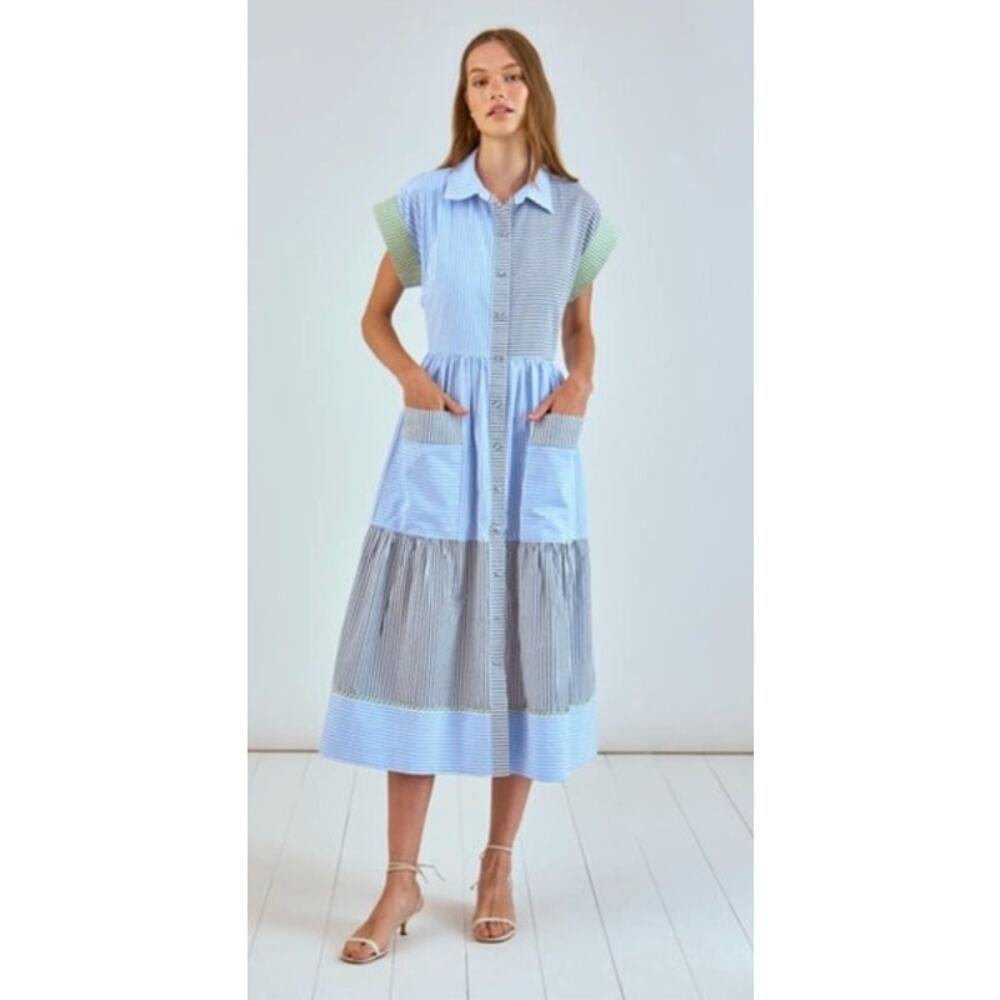 Hunter Bell Sarah Dress Short Sleeve Button Front Midi Striped Multicolor XL